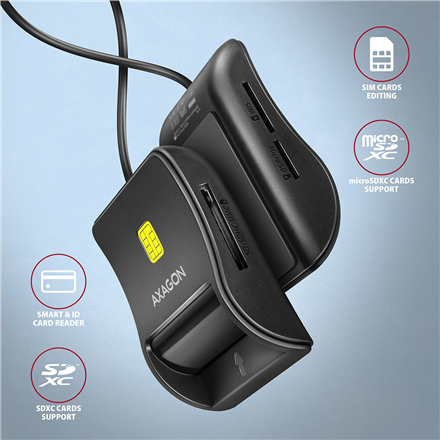 AXAGON Compact desktop USB contact Smart/ID & SD/microSD/SIM card reader with long, USB-A cable | CRE-SM3SD