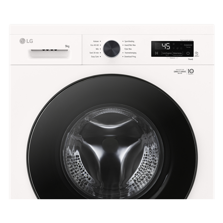 LG Washing machine | F4X1009NWB | Energy efficiency class A | Front loading | Washing capacity 9 kg | 1400 RPM | Depth 55 cm | Width 60 cm | Display | LED | Steam function | Direct drive | Wi-Fi | White