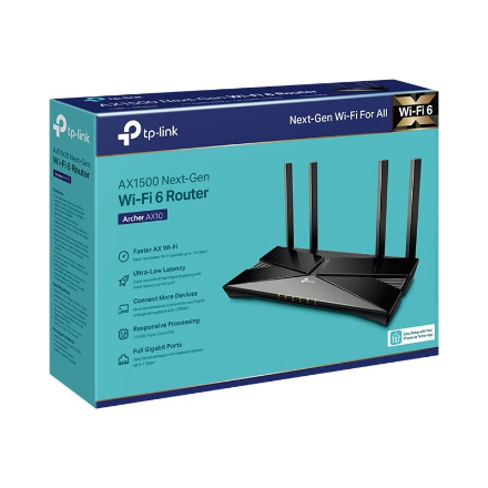 AX1500 Wi-Fi 6 Router | Archer AX10 | 802.11ax | 1201+300 Mbit/s | 10/100/1000 Mbit/s | Ethernet LAN (RJ-45) ports 4 | Mesh Support No | MU-MiMO Yes | No mobile broadband | Antenna type 4xExternal