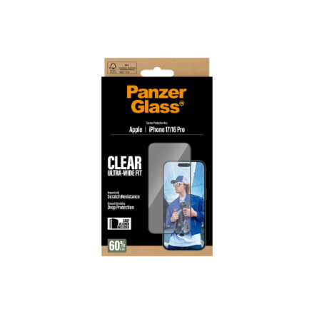 PanzerGlass Screen protector | Apple | iPhone 16 Pro/iPhone 17 | Glass | Transparent | Ultra-Wide Fit w. EasyAligner