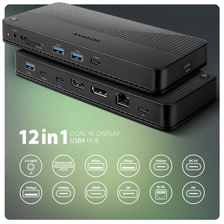 AXAGON USB4 40Gbps DUAL 4K DISPLAY 12in1 Dock | HMC-U4