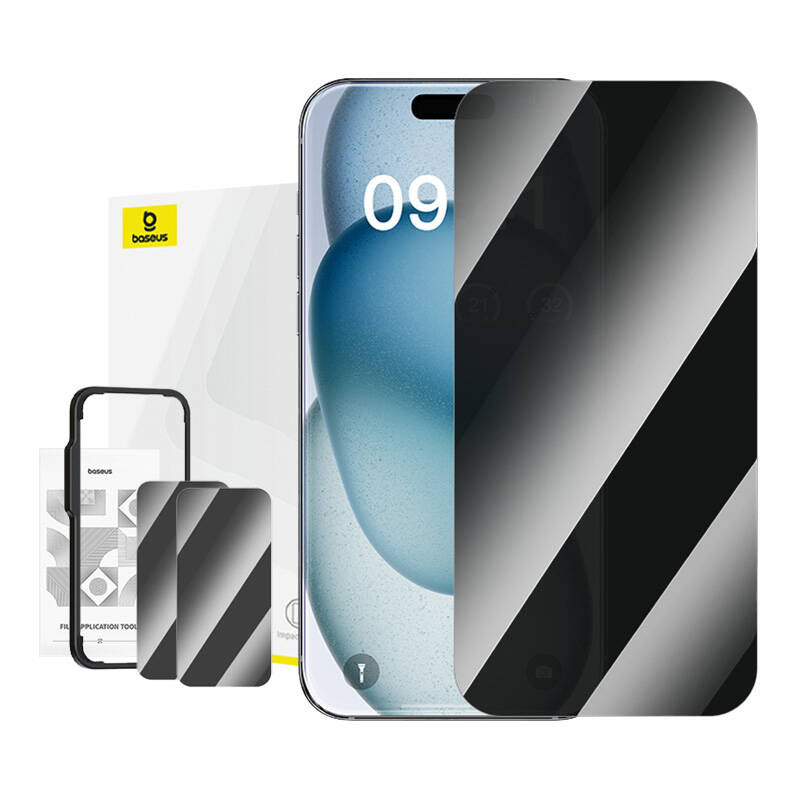 Privacy Tempered Glass Baseus Superior for iPhone 15 + 2x cleaning kit and EasyStick (clear) - Product Image 5