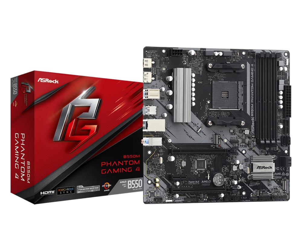 Mainboard ASROCK AMD B550 SAM4 MicroATX 1xPCI-Express 3.0 1x 1xPCI-Express 3.0 4x 2xM.2 1xPCI-Express 4.0 16x Memory DDR4 Memory slots 4 1xHDMI 1xDisplayPort 2xAudio-In 1xAudio-Out 2xUSB 2.0 4xUSB 3.2 1xPS/2 1xRJ45 B550MPHANTOMGAMING4