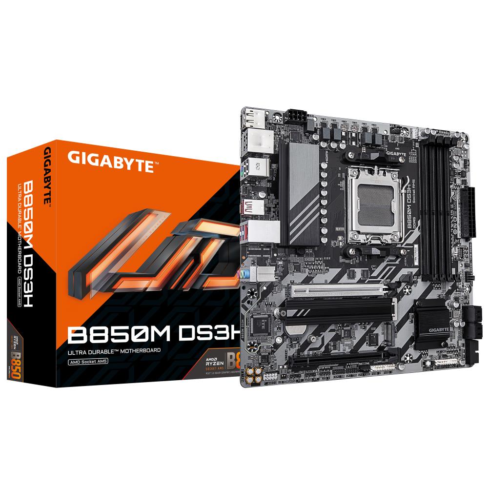 Mainboard GIGABYTE AMD B850 SAM5 Micro-ATX Memory DDR5 Memory slots 4 1xPCI-Express 3.0 4x 1xPCI-Express 5.0 16x 2xM.2 1xHDMI 2xDisplayPort 4xUSB 2.0 2xUSB 3.2 type B 1xUSB 3.2 1xUSB-C 1xPS/2 1xRJ45 3xAudio port B850MDS3H