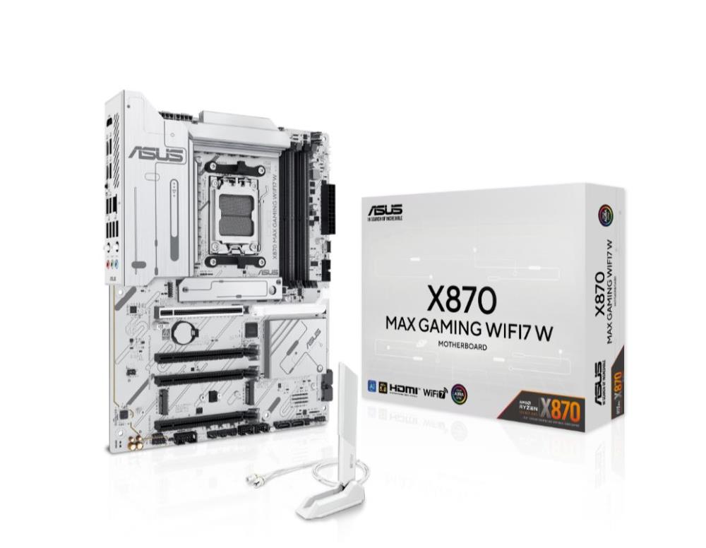 Mainboard ASUS AMD X870 SAM5 ATX Memory DDR5 Memory slots 4 1xPCI-Express 3.0 16x 2xPCI-Express 4.0 16x 1xPCI-Express 5.0 16x 3xM.2 1xHDMI 4xUSB 2.0 4xUSB 3.2 2xUSB-C 1xOptical S/PDIF 1xRJ45 3xAudio port X870MAXGAMINGWIFI7W