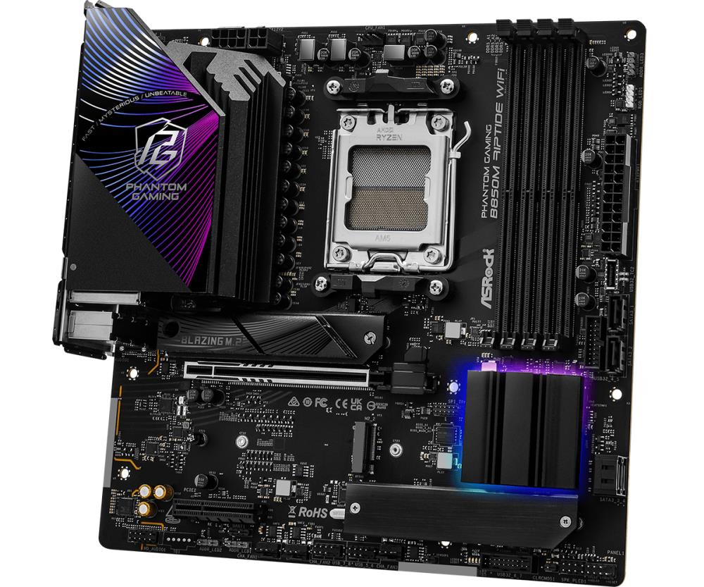 Mainboard ASROCK AMD B850 SAM5 Micro-ATX Memory DDR5 Memory slots 4 1xHDMI 1xDisplayPort 1xAudio-In 1xAudio-Out 1xMicrophone 4xUSB 2.0 3xUSB 3.2 1xUSB-C 1xRJ45 B850MRIPTIDEWIFI