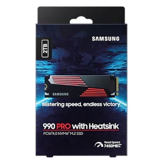 SSD SAMSUNG 990 PRO with Heatsink 2TB M.2 PCIE NVMe MLC Write speed 6900 MBytes/sec Read speed 7450 MBytes/sec 2.3mm TBW 1200 TB MTBF 1500000 hours MZ-V9P2T0CW