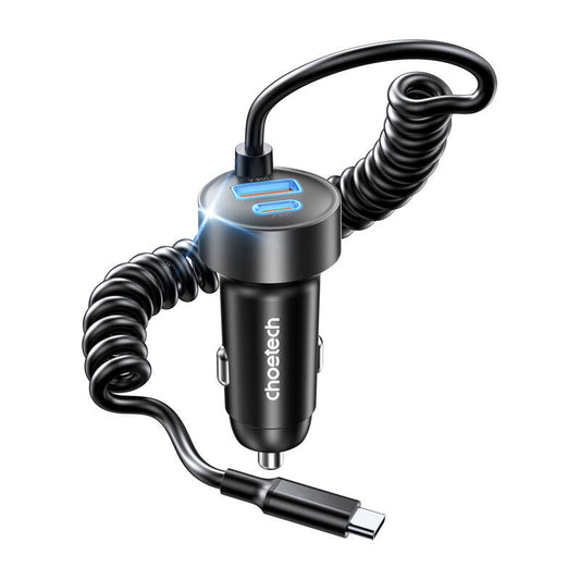 Choetech TC0030 65W 1C1A dual-port car charger with 1.2m spring cable - Product Image 1