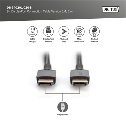 Digitus | 8K DisplayPort Connection Cable Version 1.4 | DB-340201-020-S | DisplayPort to DisplayPort