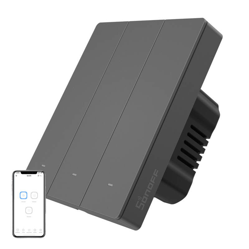 Smart WiFi wall switch SONOFF M5-3C-80 (3-channel, for frame, graphite) - Product Image 1