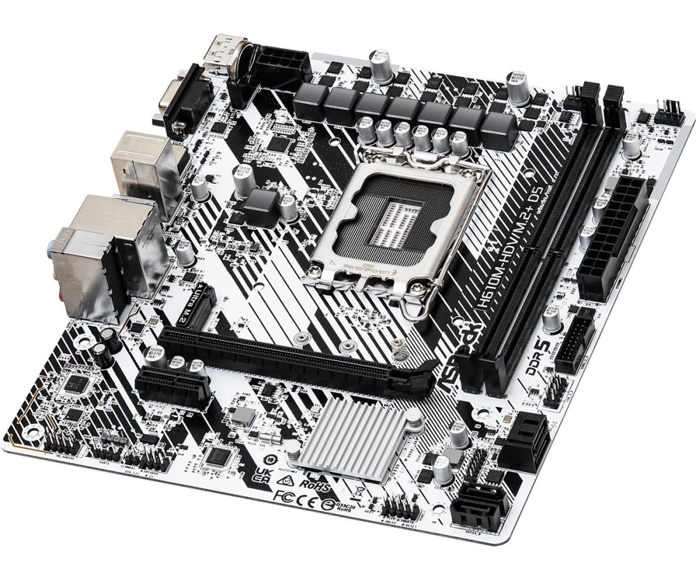 Mainboard ASROCK Intel H610 LGA1700 Micro-ATX Memory DDR5 Memory slots 2 1xPCI-Express 3.0 1x 1xPCI-Express 4.0 16x 1xM.2 1x15pin D-sub 1xHDMI 1xDisplayPort 1xAudio-In 1xAudio-Out 1xMicrophone 4xUSB 2.0 1xUSB 3.2 1xUSB-C 1xPS/2 1xRJ45 H610M-HDV/M.2+D5