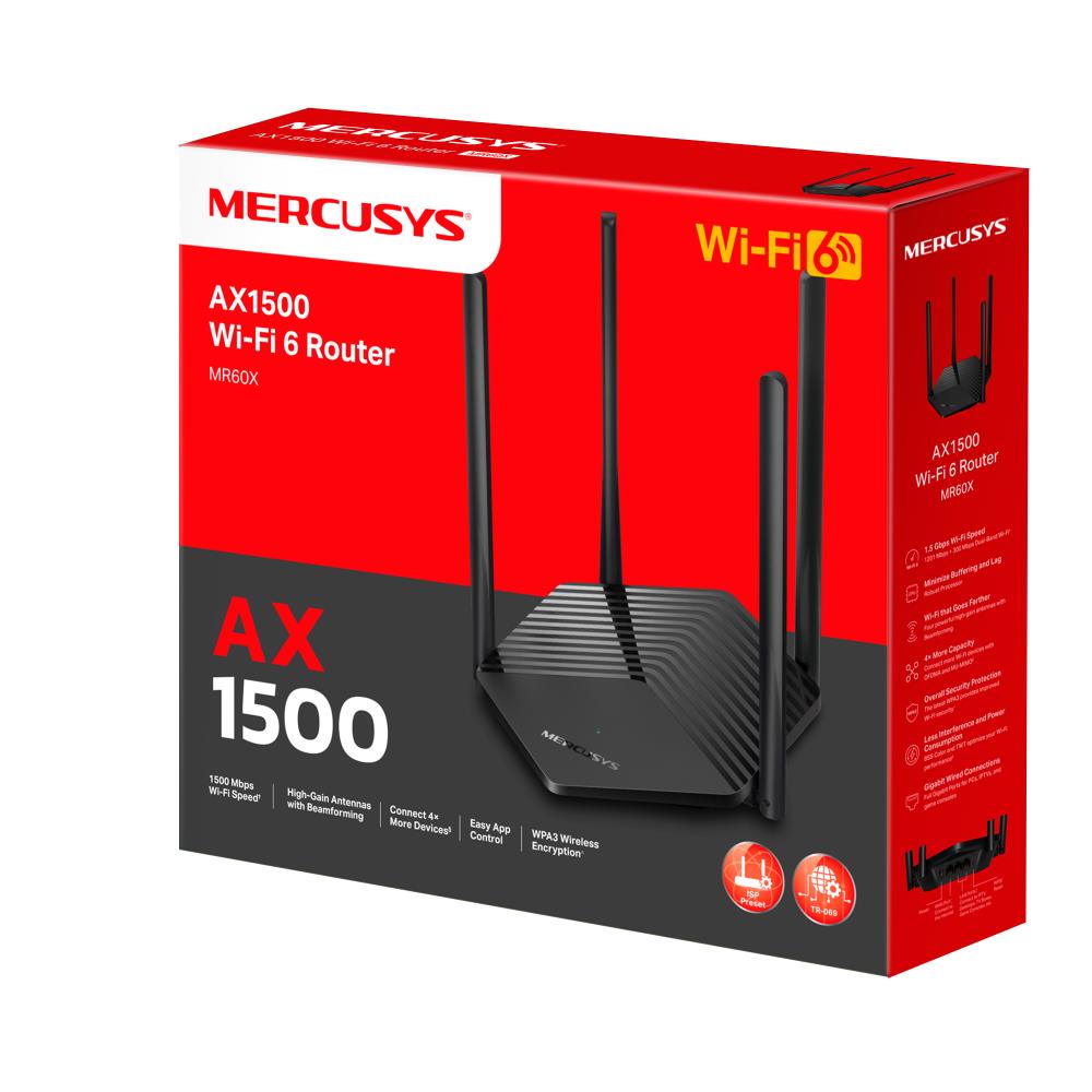 Wireless Router MERCUSYS 1500 Mbps Wi-Fi 6 IEEE 802.11a/b/g IEEE 802.11n IEEE 802.11ac IEEE 802.11ax 3x10/100/1000M LAN \ WAN ports 1 Number of antennas 4 MR60X