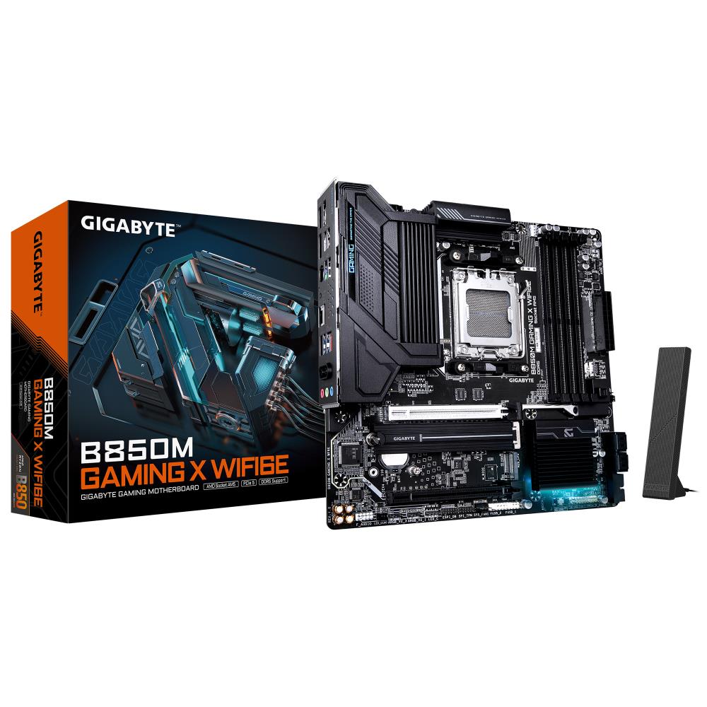 Mainboard GIGABYTE AMD B850 SAM5 Micro-ATX Memory DDR5 Memory slots 4 1xPCI-Express 3.0 4x 1xPCI-Express 5.0 16x 2xM.2 1xHDMI 2xDisplayPort 4xUSB 2.0 2xUSB 3.2 type B 1xUSB 3.2 1xUSB-C 1xPS/2 1xRJ45 3xAudio port B850MGAMINGXWF6E
