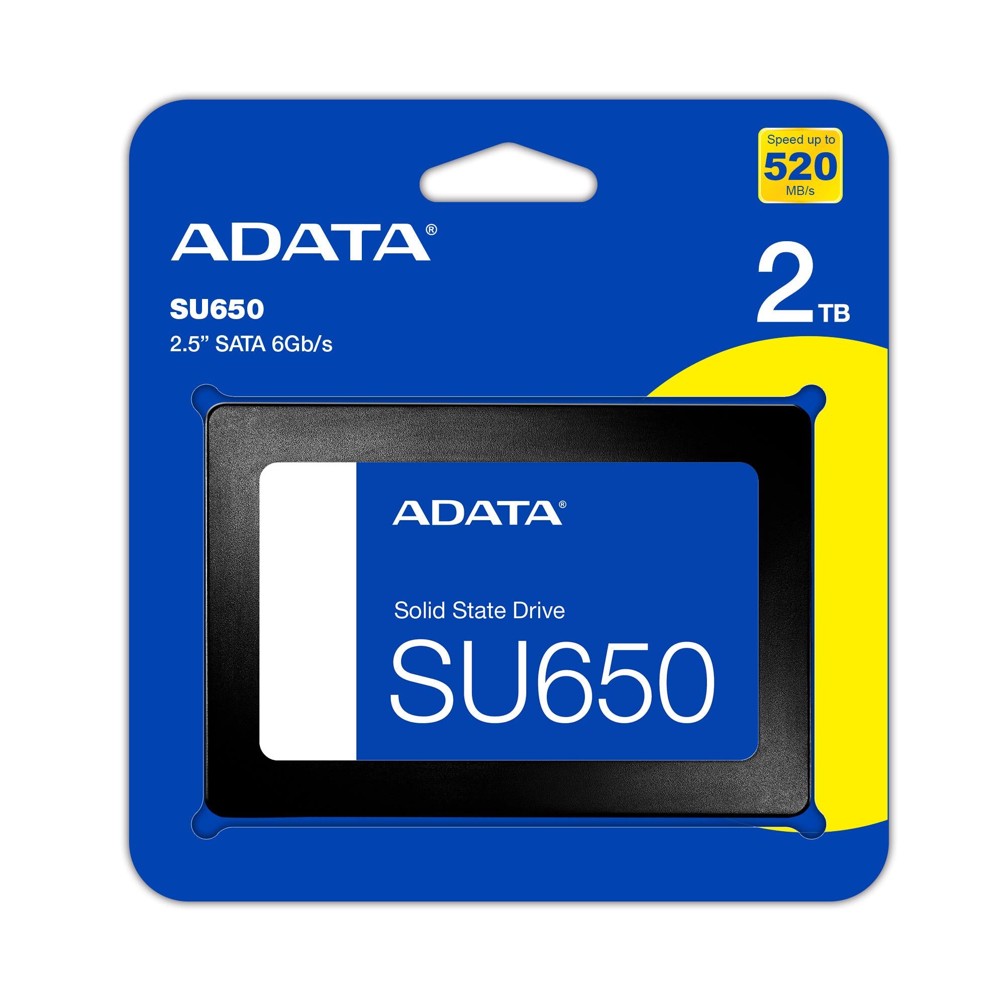 SSD ADATA SU650 2TB Write speed 450 MBytes/sec Read speed 520 MBytes/sec 2,5" TBW 600 TB MTBF 2000000 hours ASU650SS-2TT-R