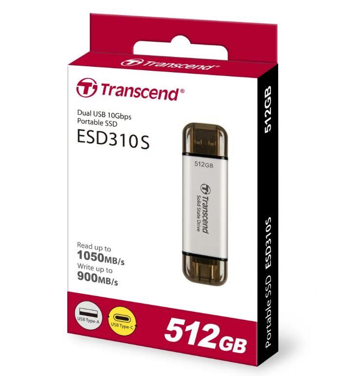 External SSD TRANSCEND ESD310 512GB USB-C USB 3D NAND Write speed 900 MBytes/sec Read speed 1050 MBytes/sec TS512GESD310S