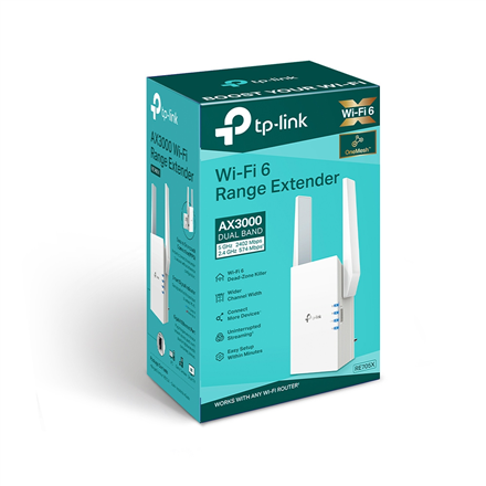 TP-LINK | AX3000 Mesh WiFi 6 Extender | RE705X | 802.11ax | Mesh Support Yes | 2402+574  Mbit/s | Ethernet LAN (RJ-45) p