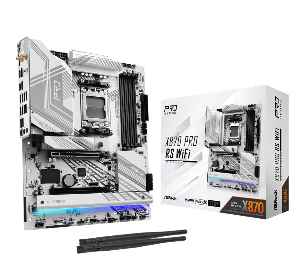 Mainboard ASROCK AMD X870 SAM5 ATX Memory DDR5 Memory slots 4 1xPCI-Express 4.0 16x 1xPCI-Express 5.0 16x 4xM.2 1xHDMI 6xUSB 2.0 4xUSB 3.2 2xUSB-C 1xOptical S/PDIF 1xRJ45 2xAudio port X870PRORSWIFI