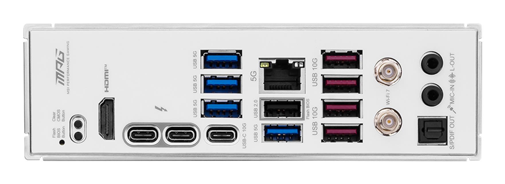 Mainboard MSI Intel Z890 LGA1851 ATX Memory DDR5 Memory slots 4 1xPCI-Express 1x 2xPCI-Express 16x 5xM.2 1xHDMI 1xAudio-In 1xAudio-Out 1xUSB 2.0 4xUSB 3.0 4xUSB 3.1 1xUSB-C 1xOptical S/PDIF 1xRJ45 2xThunderbolt MPGZ890EDGETIWIFI