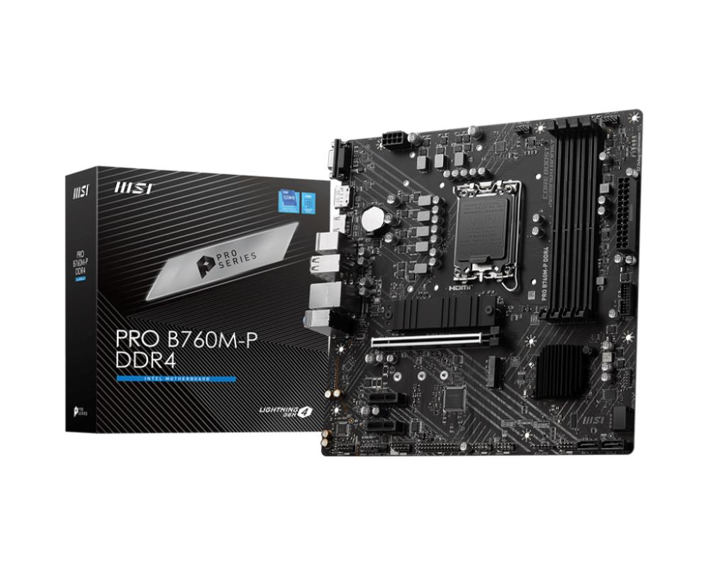 Mainboard MSI Intel B760 Express LGA1700 Micro-ATX Memory DDR4 Memory slots 4 2xPCI-Express 1x 1xPCI-Express 16x 2xM.2 1x15pin D-sub 1xHDMI 1xDisplayPort 4xUSB 2.0 1xUSB 3.2 1xUSB-C 2xPS/2 1xRJ45 3xAudio port PROB760M-PDDR4