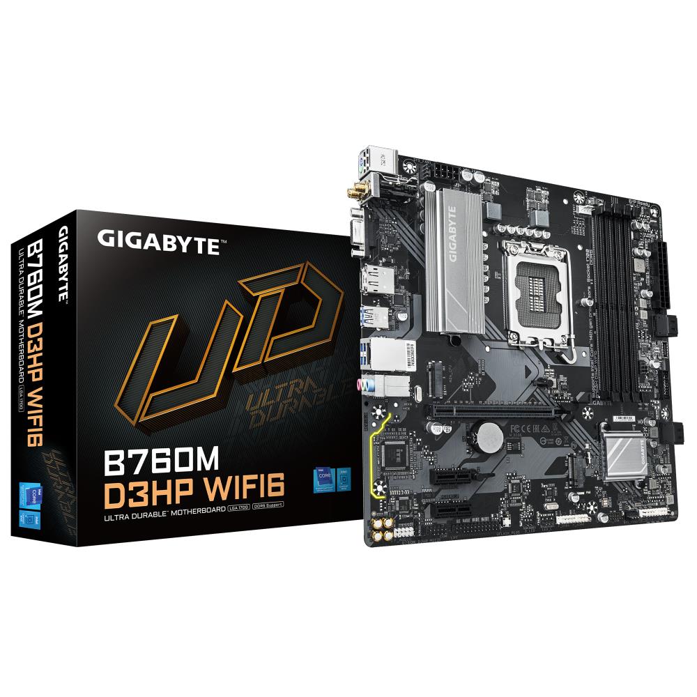 Mainboard GIGABYTE Intel B760 Express LGA1700 Micro-ATX Memory DDR5 Memory slots 4 2xPCI-Express 3.0 1x 1xPCI-Express 4.0 16x 2xM.2 1x15pin D-sub 1xHDMI 1xDisplayPort 2xUSB 2.0 3xUSB 3.2 1xUSB-C 1xPS/2 1xRJ45 3xAudio port B760MD3HPWIFI61.0