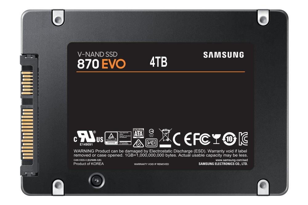 SSD SAMSUNG 870 EVO 4TB SATA SATA 3.0 MLC Write speed 530 MBytes/sec Read speed 560 MBytes/sec 2,5" TBW 2400 TB MTBF 1500000 hours MZ-77E4T0B/EU