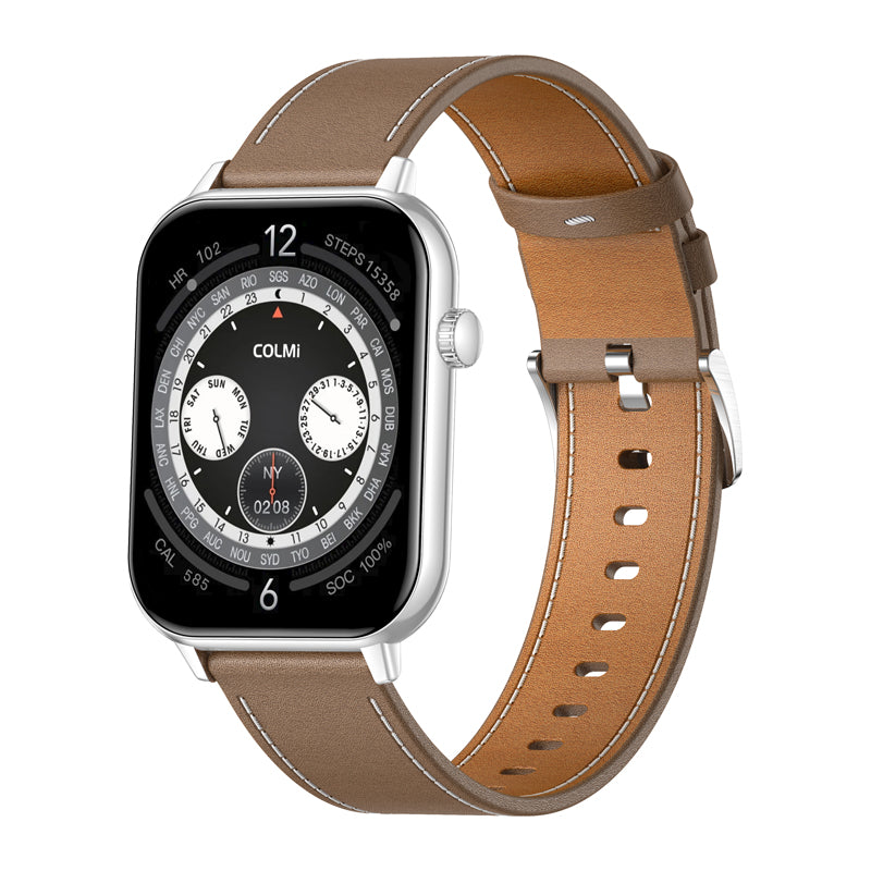 COLMI C28 Smartwatch – Silver + Brown Leather Strap - Image 1