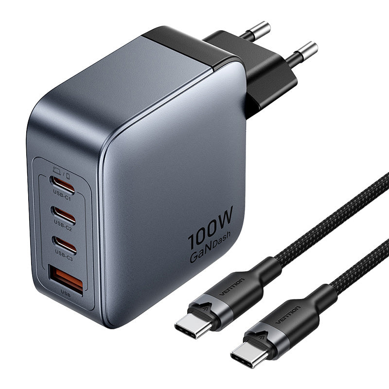 Vention Power Charger 3x USB-C, 1x USB-A, (100W/100W/30W/30W) (grau) mit USB-C auf USB-C Kabel (1m) (schwarz)