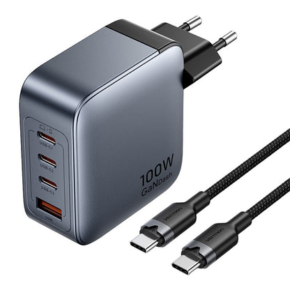 Vention Power Charger 3x USB-C, 1x USB-A, (100W/100W/30W/30W) (grau) mit USB-C auf USB-C Kabel (1m) (schwarz)