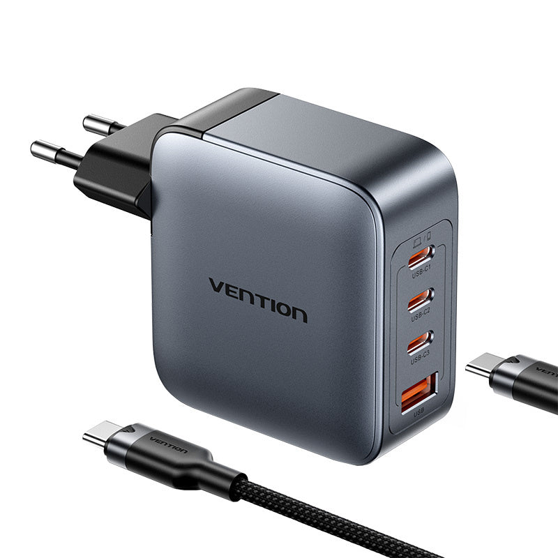 Vention Power Charger 3x USB-C, 1x USB-A, (100W/100W/30W/30W) (grau) mit USB-C auf USB-C Kabel (1m) (schwarz)