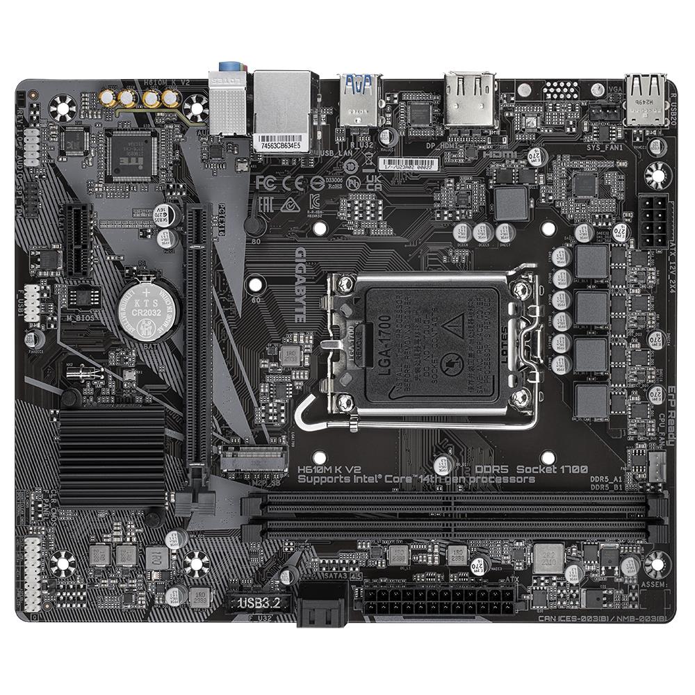 Mainboard GIGABYTE Intel H610 LGA1700 Micro-ATX Memory DDR5 Memory slots 2 1xPCI-Express 3.0 1x 1xPCI-Express 4.0 16x 1xM.2 1xHDMI 1xDisplayPort 4xUSB 2.0 2xUSB 3.2 1xPS/2 1xRJ45 3xAudio port H610MKV2
