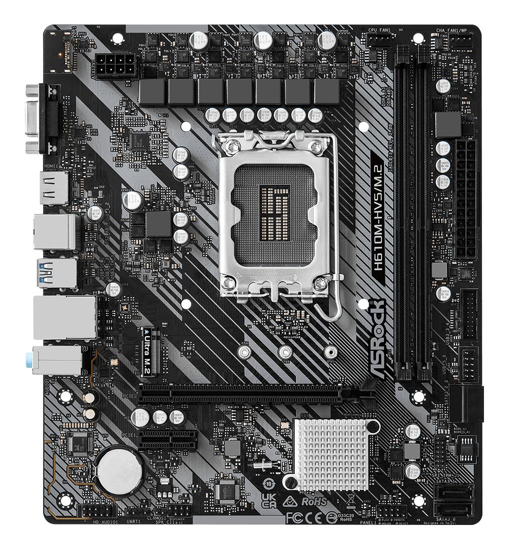 Mainboard ASROCK Intel H610 LGA1700 Micro-ATX Memory DDR4 Memory slots 2 1xPCI-Express 3.0 1x 1xPCI-Express 4.0 16x 1xM.2 1x15pin D-sub 1xHDMI 1xAudio-In 1xAudio-Out 1xMicrophone 4xUSB 2.0 2xUSB 3.2 1xPS/2 1xRJ45 H610M-HVS/M.2R2.0