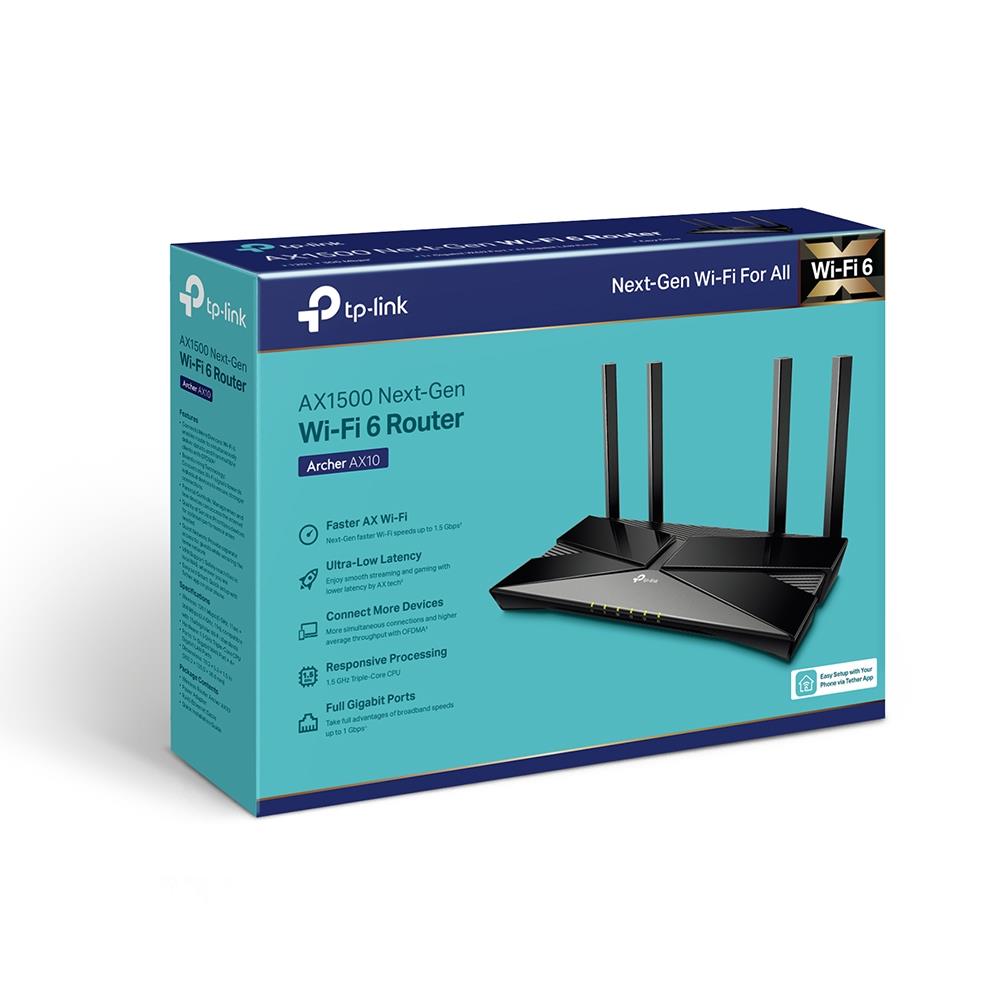 Wireless Router TP-LINK Wireless Router 1500 Mbps Wi-Fi 6 IEEE 802.11a IEEE 802.11 b/g IEEE 802.11n IEEE 802.11ac IEEE 802.11ax 1 WAN 4x10/100/1000M Number of antennas 4 ARCHERAX10