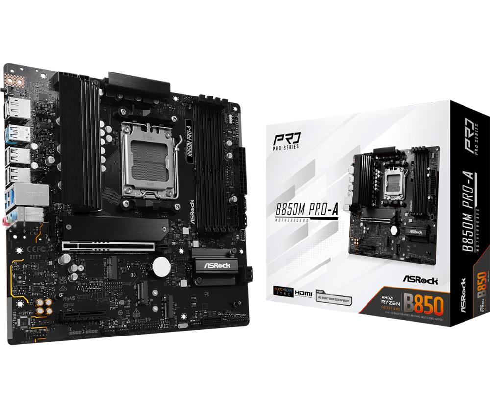 Mainboard ASROCK AMD B850 SAM5 Micro-ATX Memory DDR5 Memory slots 4 1xPCI-Express 4.0 4x 1xPCI-Express 5.0 16x 1xM.2 1xHDMI 1xDisplayPort 1xAudio-In 1xAudio-Out 1xMicrophone 4xUSB 2.0 3xUSB 3.2 1xUSB-C 1xRJ45 B850MPRO-A