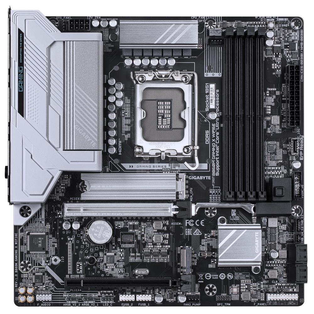 Mainboard GIGABYTE Intel B860 Express LGA1851 Micro-ATX Memory DDR5 Memory slots 4 2xPCI-Express 16x 2xM.2 1xHDMI 1xDisplayPort 1xAudio-In 1xAudio-Out 1xMicrophone 5xUSB 2.0 3xUSB 3.2 1xUSB-C 1xRJ45 B860MGAMINGXWIFI6E1.0