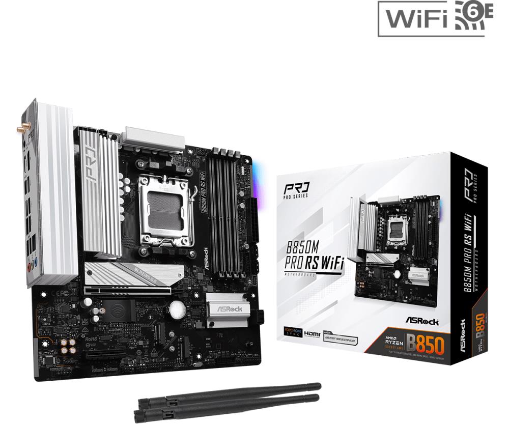 Mainboard ASROCK AMD B850 SAM5 Micro-ATX Memory DDR5 Memory slots 4 1xPCI-Express 4.0 4x 1xPCI-Express 5.0 16x 1xM.2 1xHDMI 1xDisplayPort 1xAudio-In 1xAudio-Out 1xMicrophone 4xUSB 2.0 3xUSB 3.2 1xUSB-C 1xRJ45 B850MPRORSWIFI