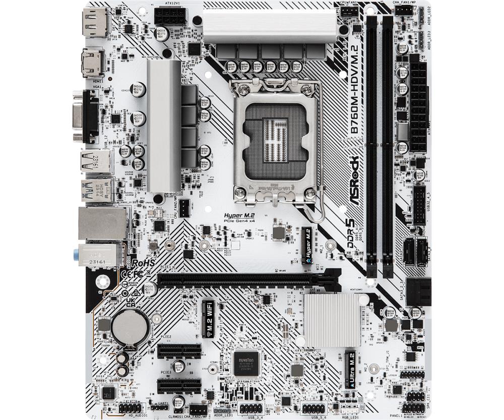 Mainboard ASROCK Intel B760 Express LGA1700 Micro-ATX Memory DDR5 Memory slots 2 2xPCI-Express 3.0 1x 1xPCI-Express 4.0 16x 1xM.2 1x15pin D-sub 1xHDMI 1xDisplayPort 1xAV-In 1xAV-out 1xMicrophone 2xUSB 2.0 3xUSB 3.2 1xUSB-C 1xRJ45 B760M-HDV/M.2