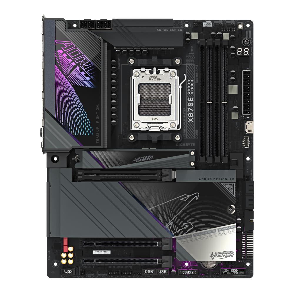 Mainboard GIGABYTE AMD X870E SAM5 ATX Memory DDR5 Memory slots 4 1xPCI-Express 3.0 4x 1xPCI-Express 4.0 4x 1xPCI-Express 5.0 16x 4xM.2 1xHDMI 2xUSB 2.0 8xUSB 3.2 2xUSB-C 1xOptical S/PDIF 1xRJ45 2xAudio port X870EAORUSMASTER