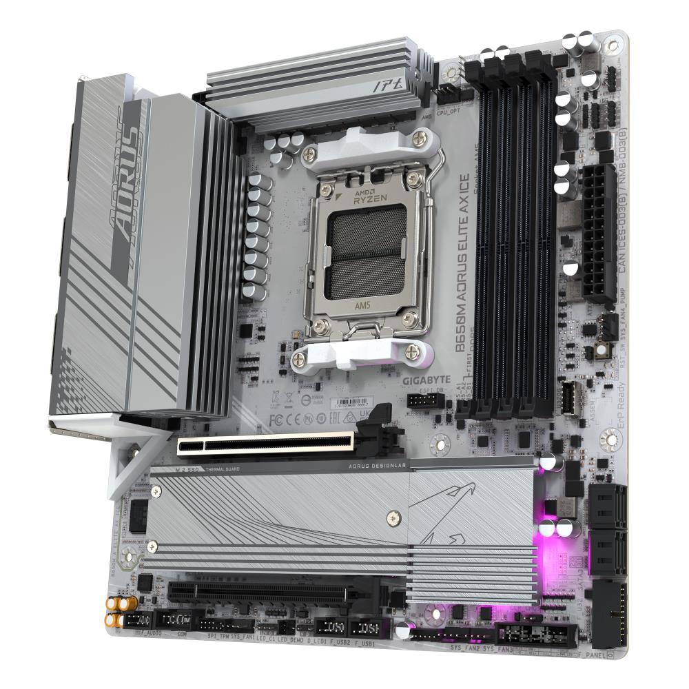 Mainboard GIGABYTE AMD B650 SAM5 Micro-ATX Memory DDR5 Memory slots 4 1xPCI-Express 4.0 4x 1xPCI-Express 4.0 16x 2xM.2 1xHDMI 1xDisplayPort 4xUSB 2.0 7xUSB 3.2 1xUSB-C 1xOptical S/PDIF 1xRJ45 2xAudio port B650MAELITEAXICE1.1