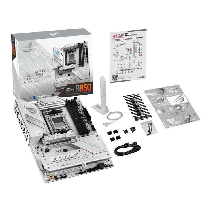 Mainboard ASUS AMD B850 SAM5 ATX Memory DDR5 Memory slots 4 1xPCI-Express 4.0 16x 1xPCI-Express 5.0 16x 4xM.2 1xHDMI 1xDisplayPort 12xUSB 2.0 3xUSB-C 1xOptical S/PDIF 1xRJ45 2xAudio port STRIXB850-AGAMINGWIFI