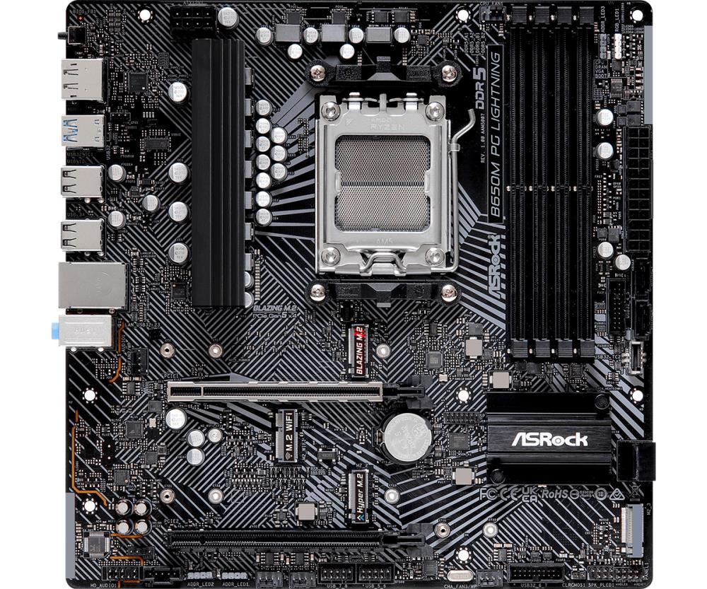 Mainboard ASROCK AMD B650 SAM5 Micro-ATX Memory DDR5 Memory slots 4 1xPCI-Express 3.0 16x 1xPCI-Express 4.0 16x 3xM.2 1xHDMI 1xDisplayPort 4xUSB 2.0 3xUSB 3.2 1xUSB-C 1xRJ45 3xAudio port B650MPGLIGHTNING