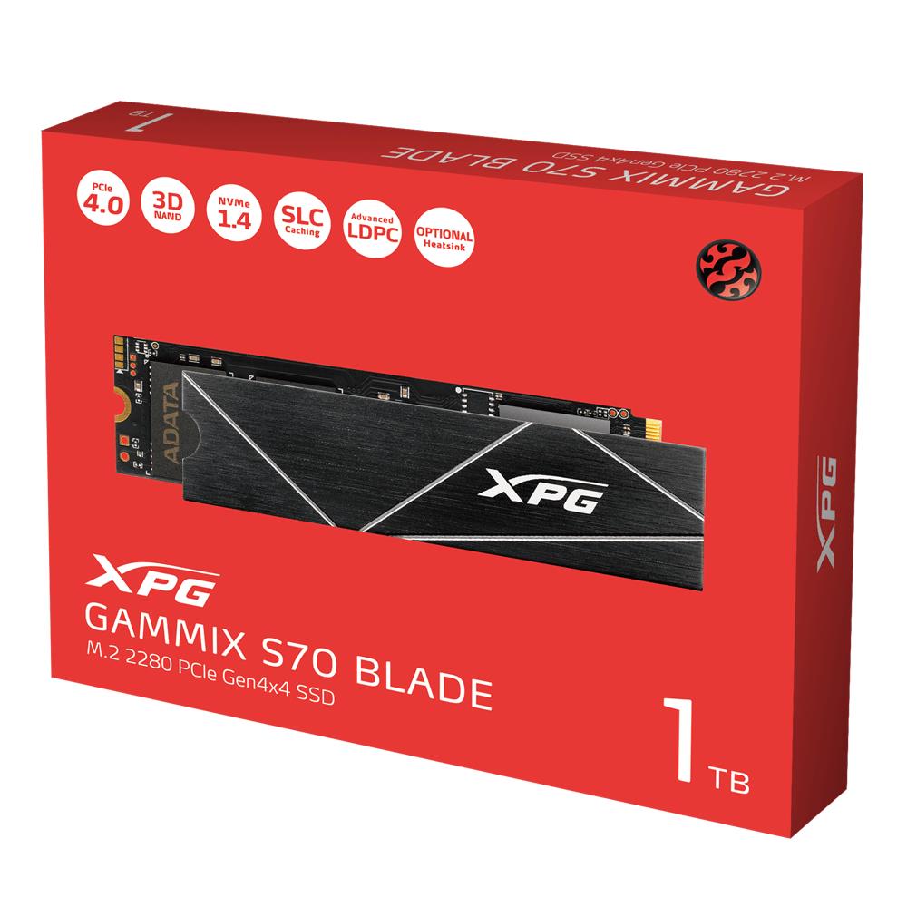 SSD ADATA XPG GAMMIX S70 1TB M.2 PCIe Gen4 3D NAND Write speed 5500 MBytes/sec Read speed 7400 MBytes/sec TBW 740 TB MTBF 2000000 hours AGAMMIXS70B-1T-CS