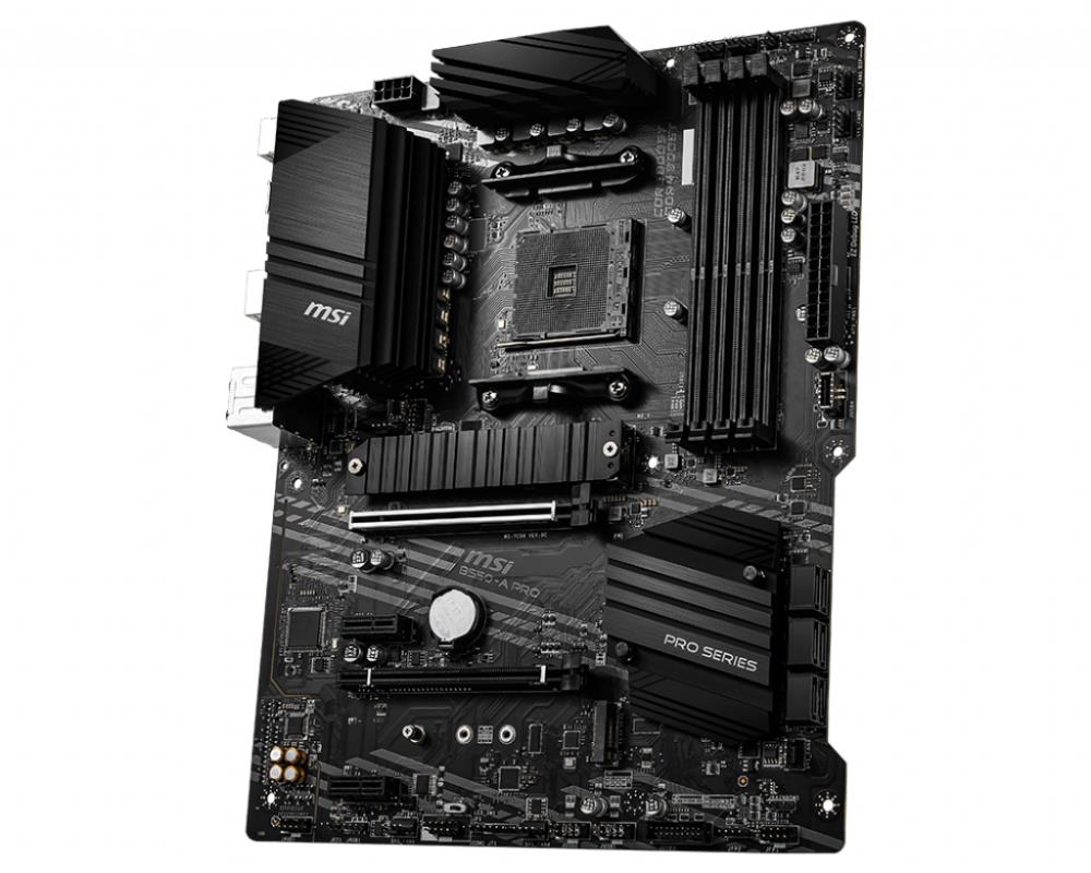 Mainboard MSI AMD B550 SAM4 ATX 2xPCI-Express 3.0 1x 1xPCI-Express 3.0 4x 2xM.2 1xPCI-Express 4.0 16x Memory DDR4 Memory slots 4 1xDisplayPort 2xAudio-In 4xAudio-Out 4xUSB 2.0 1xUSB type C 3xUSB 3.2 1xPS/2 1xRJ45 B550-APRO