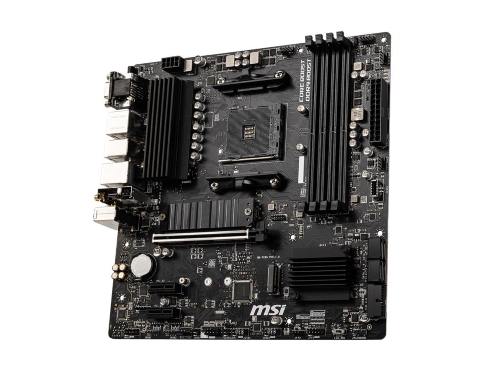 Mainboard MSI AMD B550 SAM4 MicroATX 2xPCI-Express 3.0 1x 2xM.2 1xPCI-Express 4.0 16x Memory DDR4 Memory slots 4 1x15pin D-sub 1xHDMI 1xDisplayPort 2xUSB 2.0 4xUSB 3.2 1xPS/2 1xRJ45 3xAudio port B550MPRO-VDHWIFI