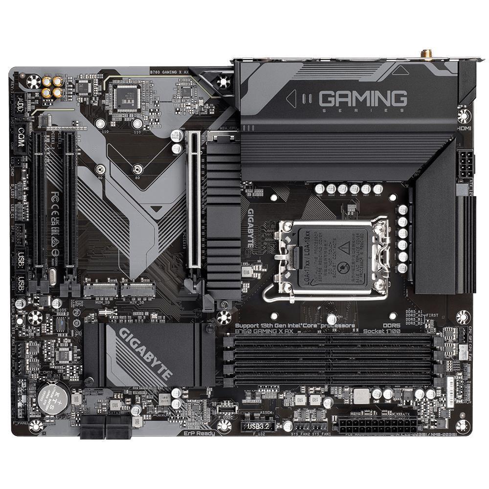 Mainboard GIGABYTE Intel B760 Express LGA1700 ATX Memory DDR5 Memory slots 4 2xPCI-Express 3.0 16x 1xPCI-Express 4.0 16x 3xM.2 1xHDMI 1xDisplayPort 5xUSB 2.0 2xUSB 3.2 1xUSB-C 1xRJ45 6xAudio port B760GAMINGXAX1.3