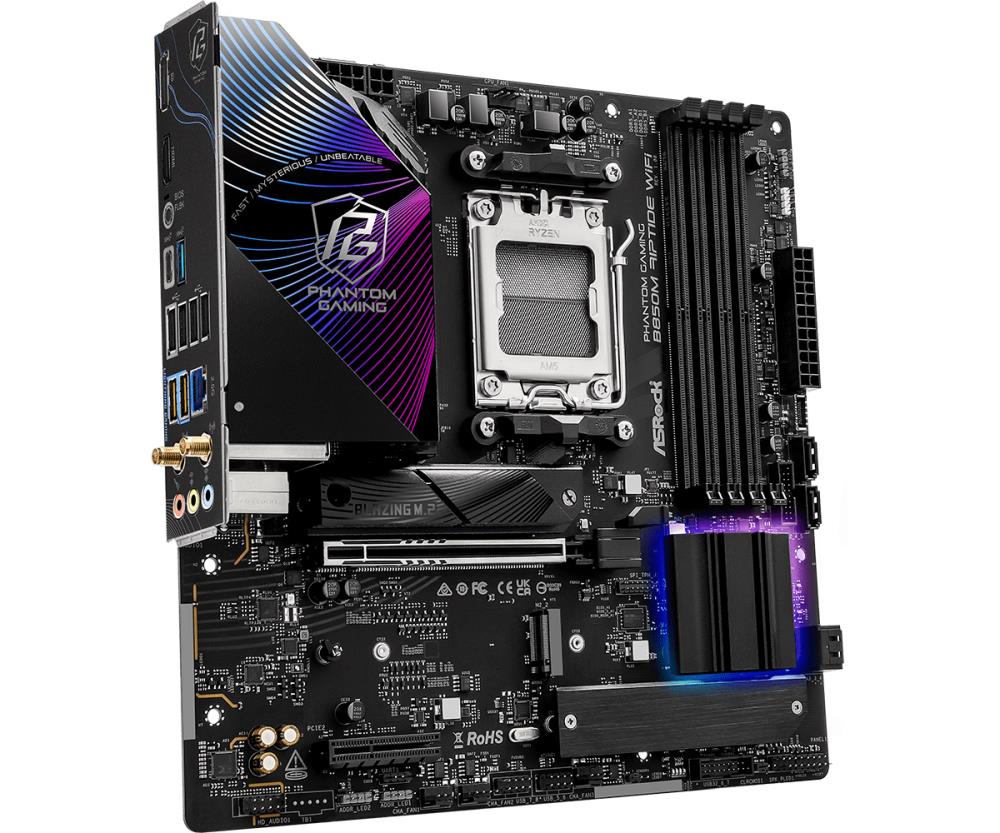 Mainboard ASROCK AMD B850 SAM5 Micro-ATX Memory DDR5 Memory slots 4 1xHDMI 1xDisplayPort 1xAudio-In 1xAudio-Out 1xMicrophone 4xUSB 2.0 3xUSB 3.2 1xUSB-C 1xRJ45 B850MRIPTIDEWIFI