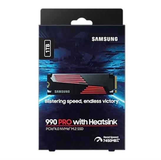 SSD SAMSUNG 990 PRO with Heatsink 1TB M.2 PCIE NVMe MLC Write speed 6900 MBytes/sec Read speed 7450 MBytes/sec 2.3mm TBW 600 TB MTBF 1500000 hours MZ-V9P1T0GW