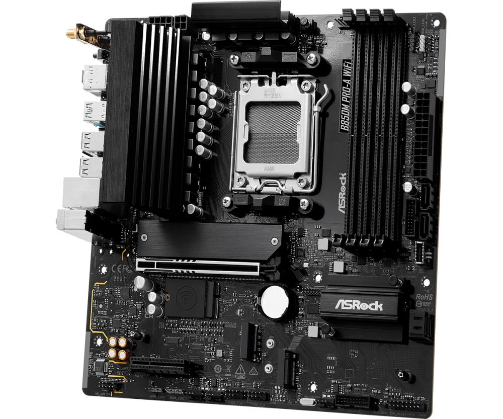 Mainboard ASROCK 1xPCI-Express 4.0 4x 1xPCI-Express 5.0 16x 1xM.2 1xHDMI 1xDisplayPort 1xAudio-In 1xAudio-Out 1xMicrophone 4xUSB 2.0 3xUSB 3.2 1xUSB-C 1xRJ45 B850MPRO-AWIFI