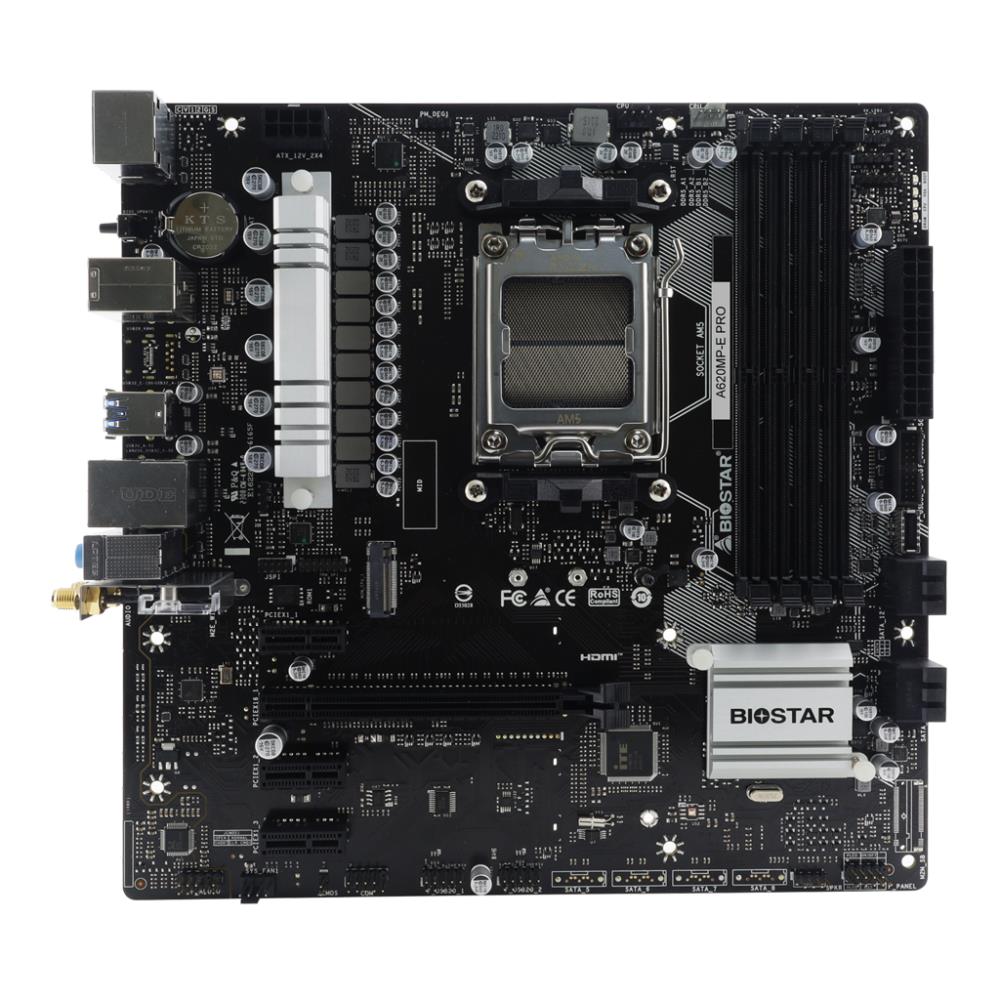 Mainboard BIOSTAR AMD A620 SAM5 Micro-ATX Memory DDR5 Memory slots 4 1xPCI-Express 3.0 1x 2xPCI-Express 4.0 1x 1xPCI-Express 4.0 16x 1xM.2 1xHDMI 1xDisplayPort 2xUSB 2.0 4xUSB 3.2 1xPS/2 1xRJ45 3xAudio port A620MP-EPRO