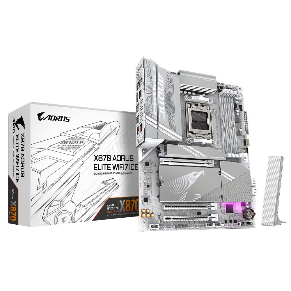 Mainboard GIGABYTE AMD X870 SAM5 ATX Memory DDR5 Memory slots 4 1xPCI-Express 3.0 2x 1xPCI-Express 4.0 4x 1xPCI-Express 5.0 16x 4xM.2 1xHDMI 4xUSB 2.0 6xUSB 3.2 2xUSB-C 1xOptical S/PDIF 1xRJ45 2xAudio port X870EAELITEWF7ICE1.2