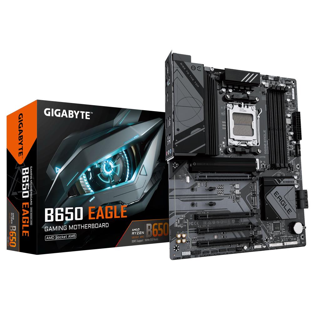 Mainboard GIGABYTE AMD B650 SAM5 ATX Memory DDR5 Memory slots 4 1xPCI-Express 16x 3xPCI-Express 3.0 16x 3xM.2 1xHDMI 1xDisplayPort 1xAudio-In 1xAudio-Out 1xMicrophone 6xUSB 2.0 2xUSB 3.2 1xUSB-C 1xPS/2 1xRJ45 B650EAGLE
